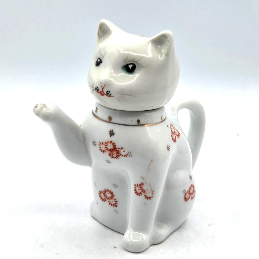 Adorable White Ceramic Cat Teapot with Red Floral Design Novelty Kitchenware